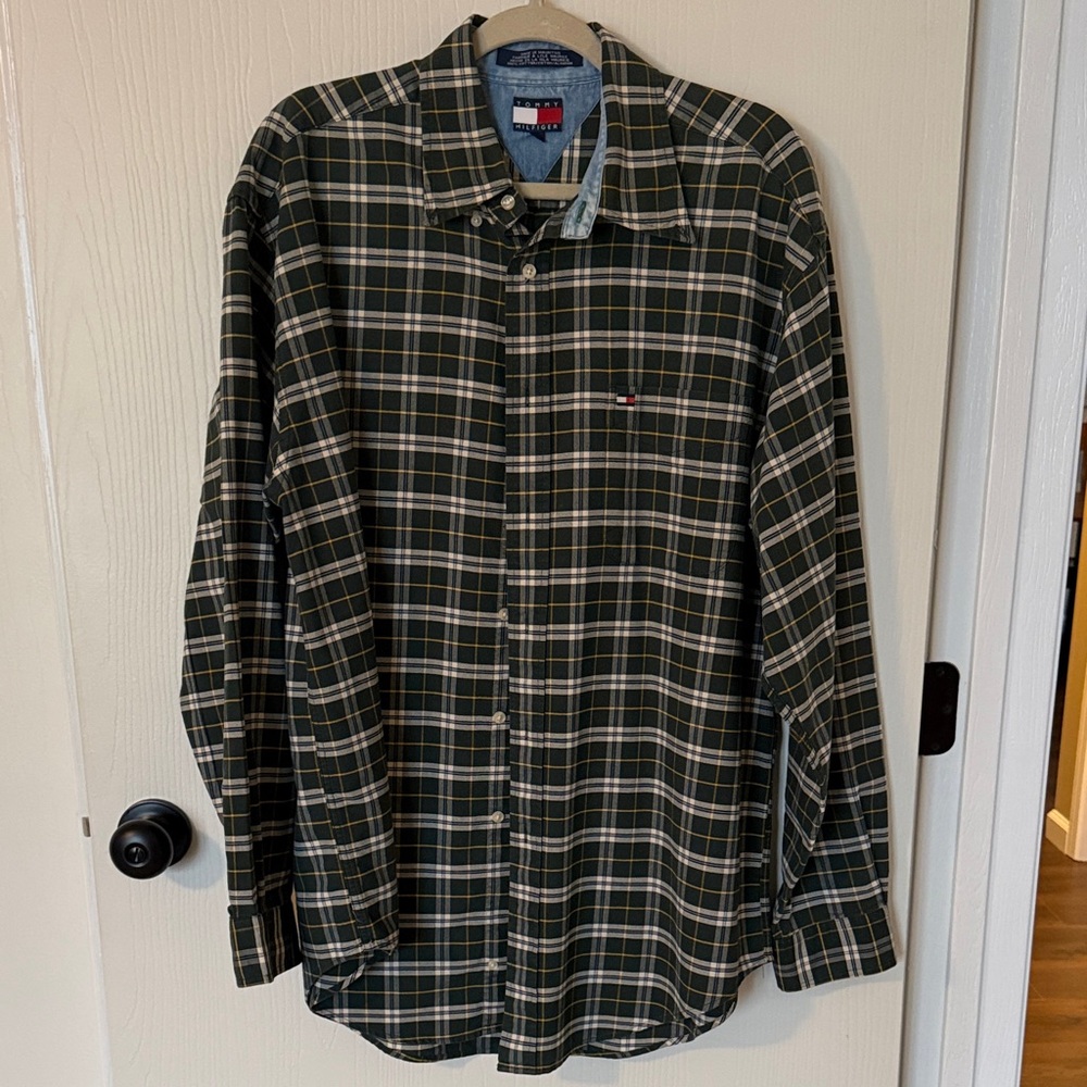 Tommy Hilfiger Dark Green and White Plaid Shirt